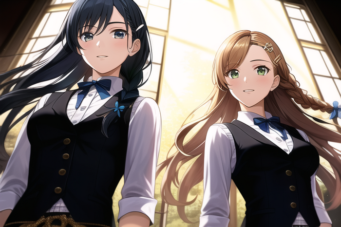 Two anime girls with braids and bow ties