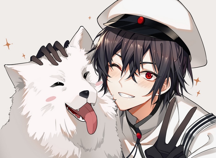 Anime boy with red eyes and a white dog