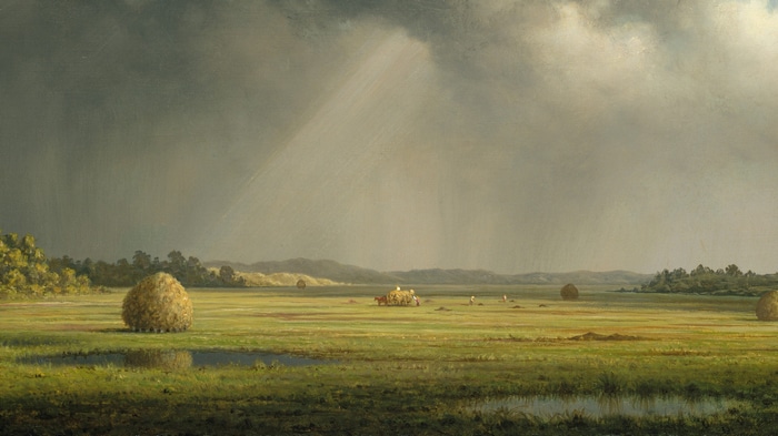 Painting of a field with haystacks and workers