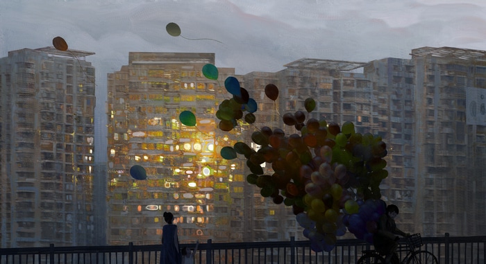 Cityscape with balloons and people