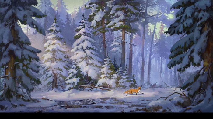 A fox walks through a snowy forest with fir trees
