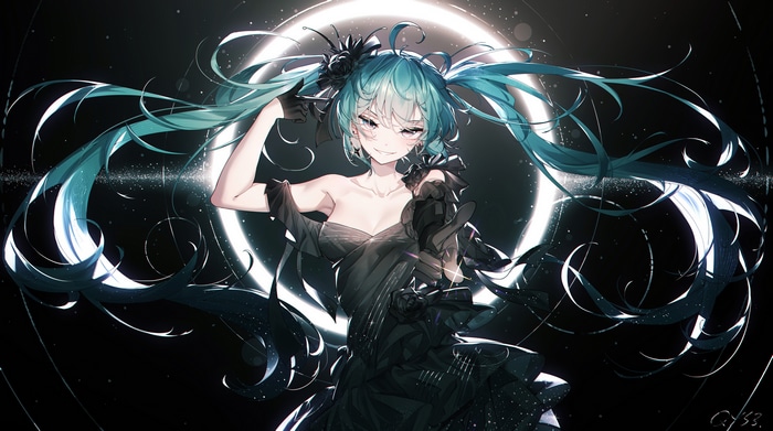 Hatsune Miku in a black dress with blue twintails
