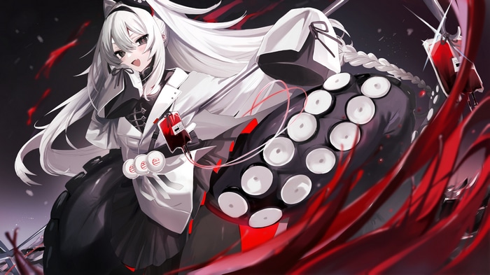 Anime girl with white hair and red eyes, tentacles