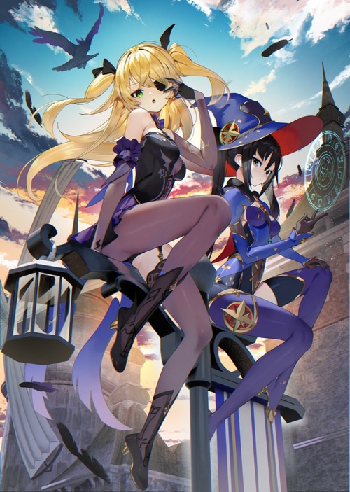 Fischl and Mona from Genshin Impact with birds