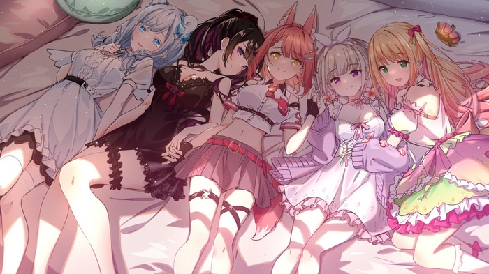 Five anime girls lying on a bed