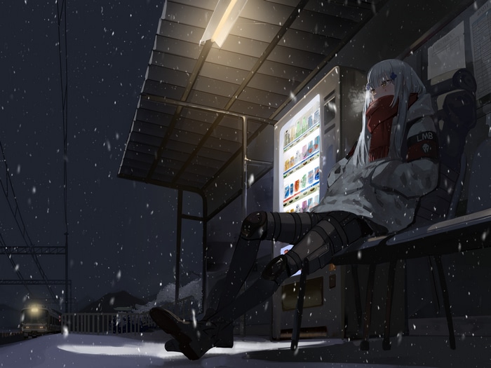 HK416 waiting at a snowy train station at night