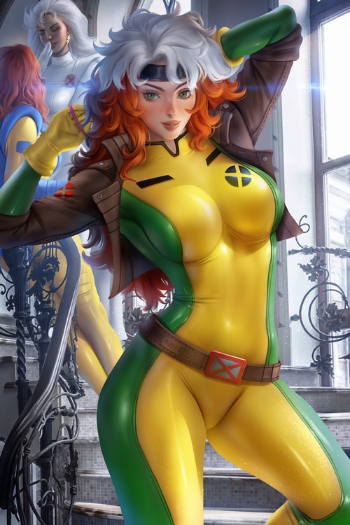 Rogue, Storm, and Jean Grey from X-Men on stairs