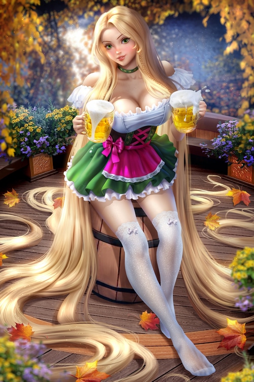 Rapunzel in a dirndl holding two mugs of beer