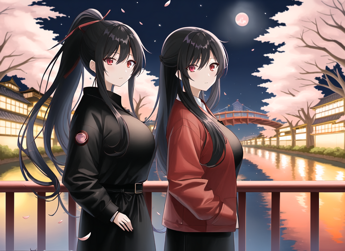 Two women by a river under a full moon