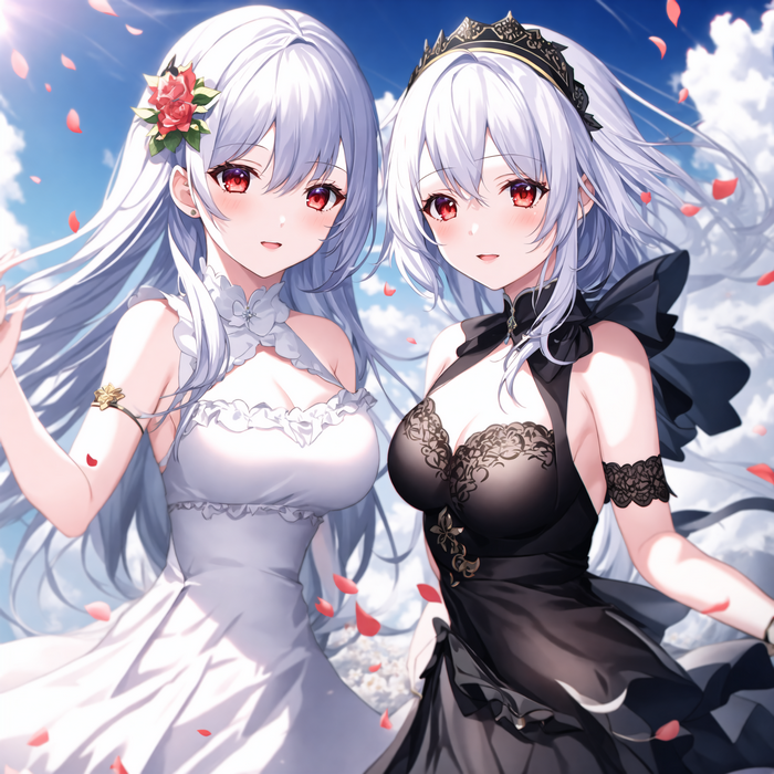 Two anime women in dresses with petals and flowers