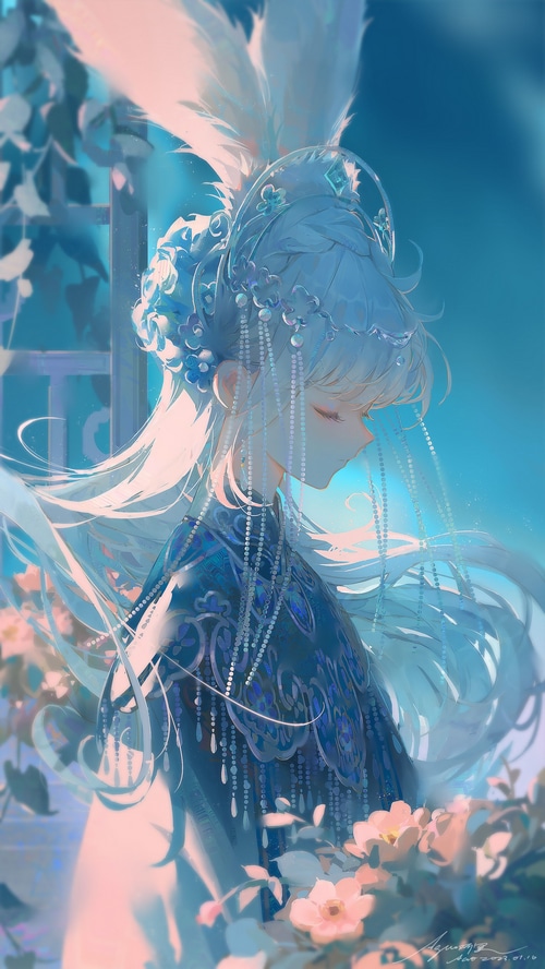 Anime girl with closed eyes and flowers