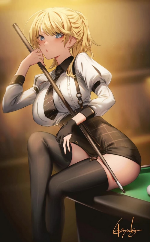 Blonde woman with blue eyes playing billiards