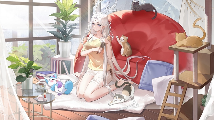 Nine-colored deer with cats in a sunlit room