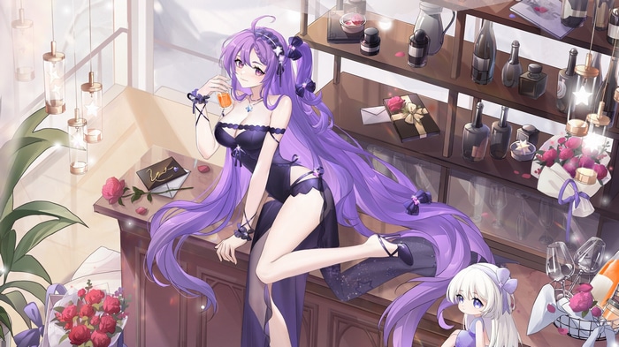 Woman with purple hair drinking from a glass