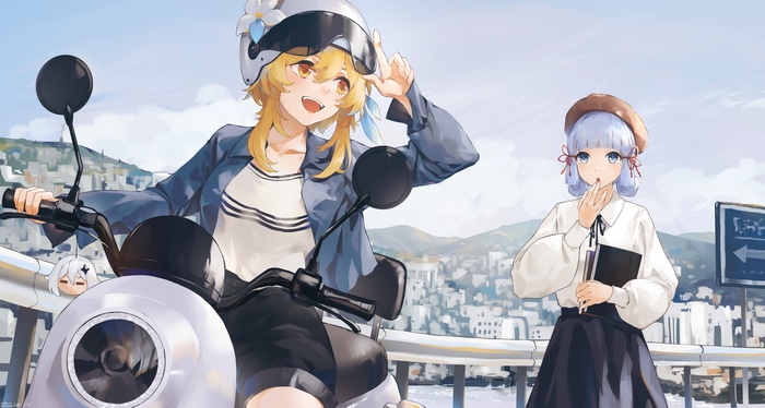 Lumine and Kamisato Ayaka on a scooter in Genshin Impact