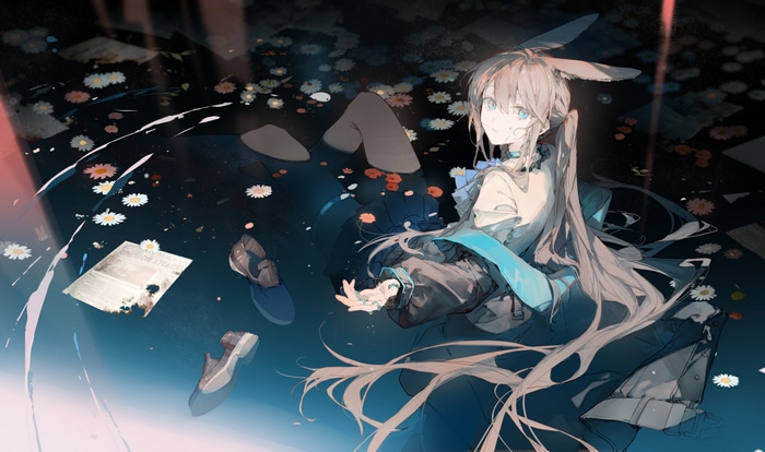 Arknights Amiya in water with flowers