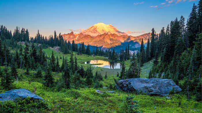 Mount Rainier reflected in a mountain lake at sunrise