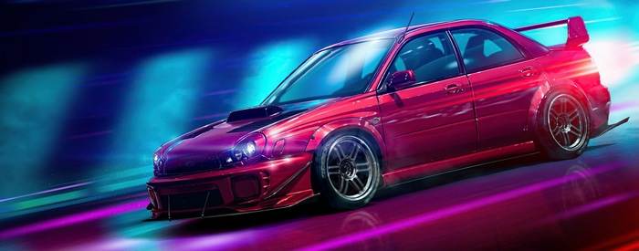 Red Subaru Impreza WRX STI driving at night