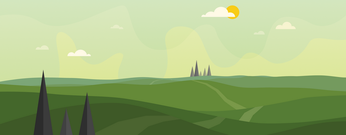Minimalist landscape with rolling green hills and clouds