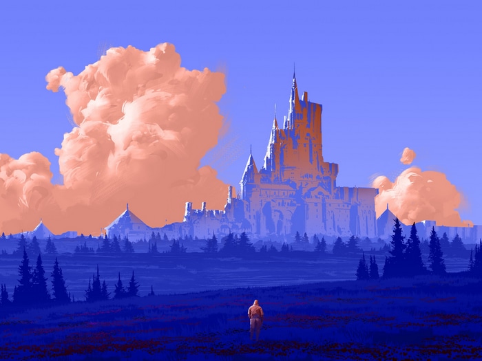 Fantasy castle with orange clouds and a lone figure