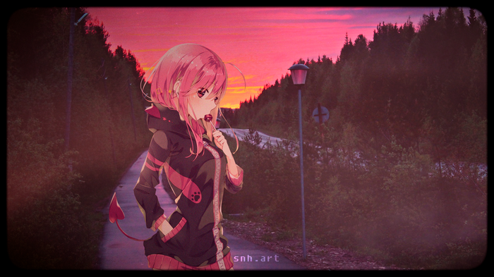 Anime girl with pink hair and demon tail eating lollipop