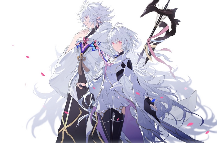 Two anime characters with white hair and red eyes