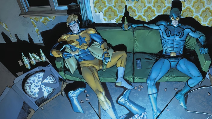 Booster Gold and Blue Beetle with Pizza and Beer