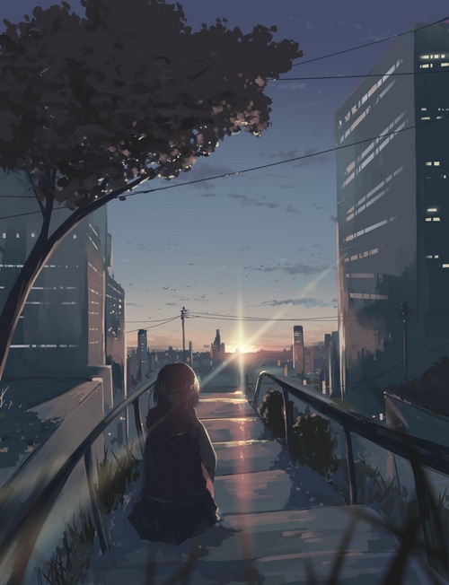Anime girl watching the sunset over a city