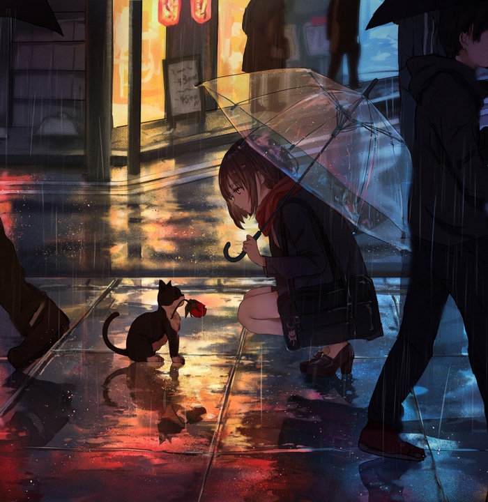 Anime girl with cat and rose in the rain