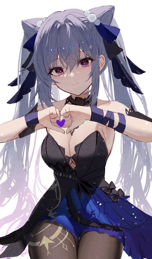 Keqing from Genshin Impact making a heart with her hands