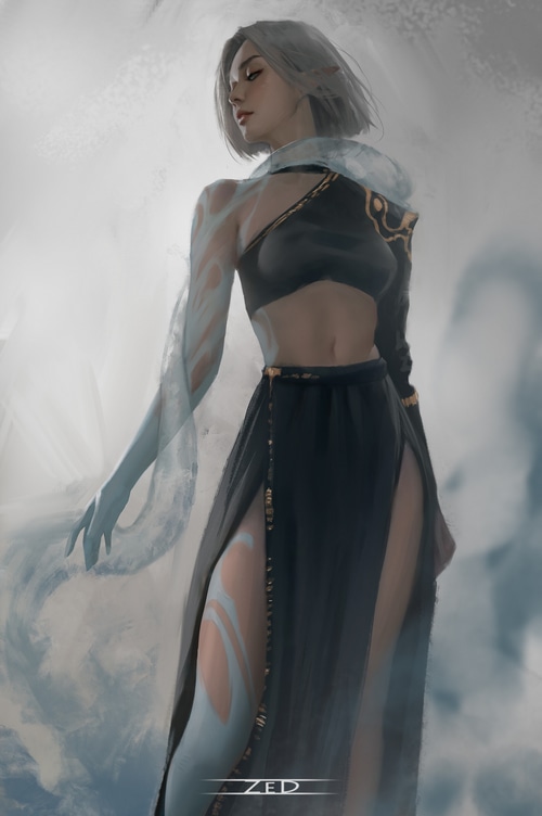 Fantasy girl with silver hair and body paint