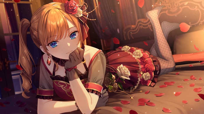 Girl with blue eyes and blonde ponytail on a bed with roses
