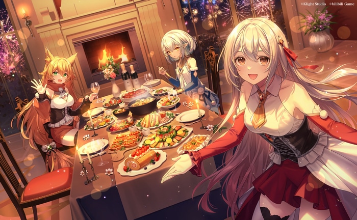 Anime characters celebrating with a feast and fireworks