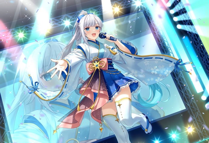 Anime girl with microphone on stage with stage lights