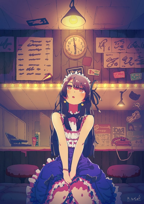 Anime girl in a frilly dress at a bar