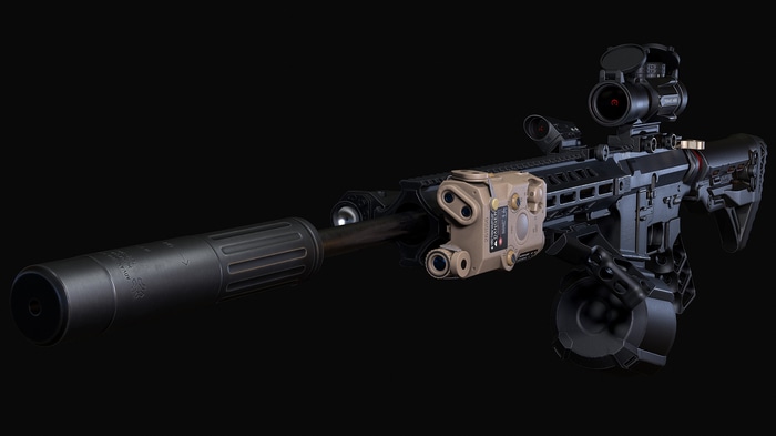 4K M4A1 rifle with suppressor and drum magazine