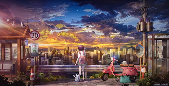 Schoolgirl and scooter at sunset