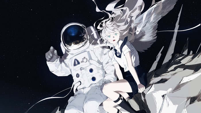 Astronaut and winged girl in space