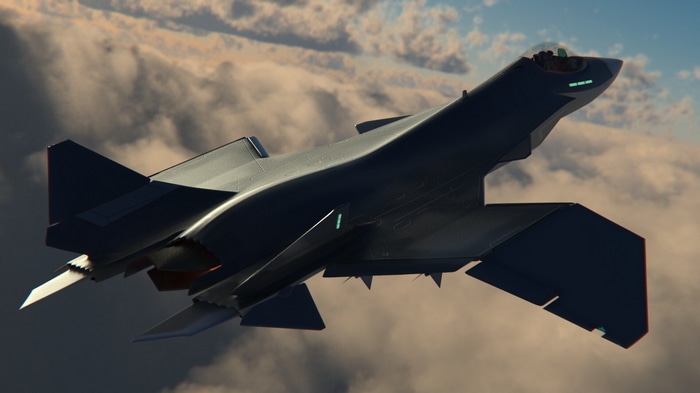 Stealth fighter jet flying through clouds