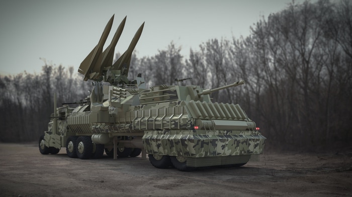 Science fiction military vehicle with missiles and cannon