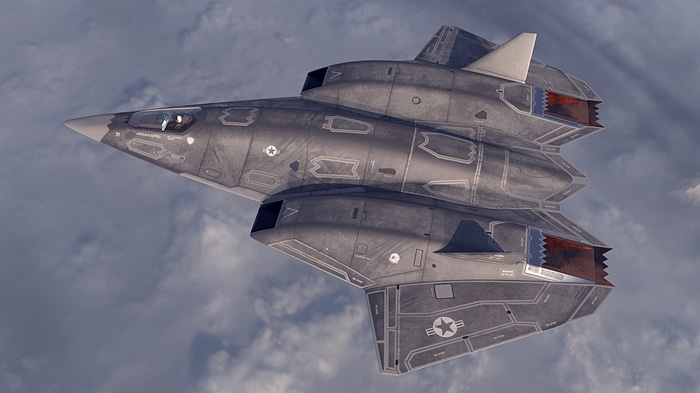 Stealth fighter jet flying through clouds