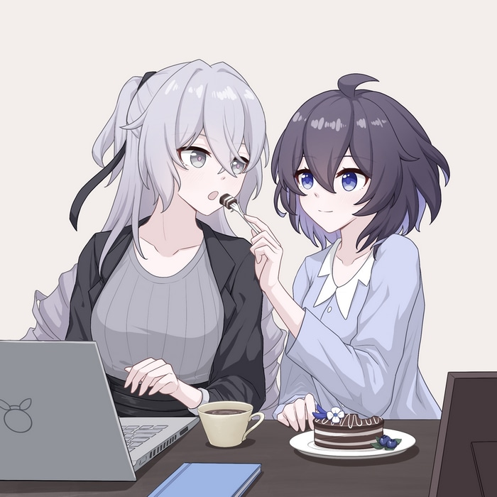 Anime girls sharing cake and coffee