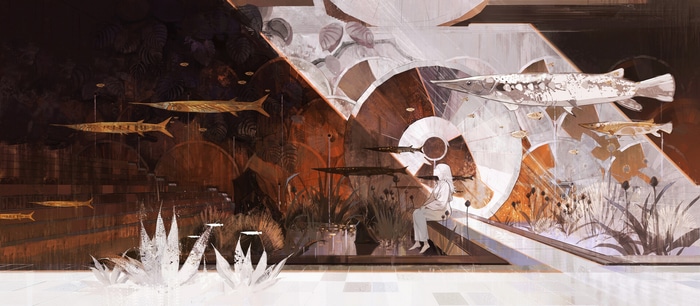 Artwork of fish and plants in a museum
