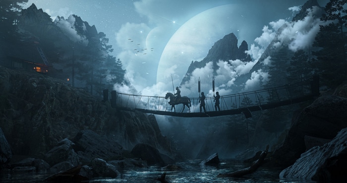 Knight on horseback crosses a bridge with companions under large moons