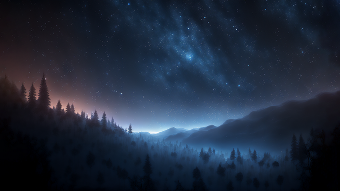 Starry night over misty mountains and pine forest