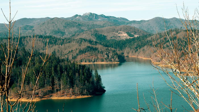4K Lake Lokve landscape with mountains in Croatia
