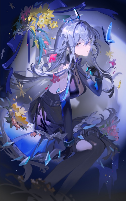 Anime girl with flowers and butterflies