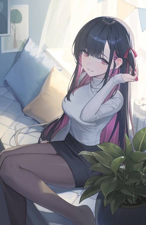 Anime girl with black and pink hair on a couch