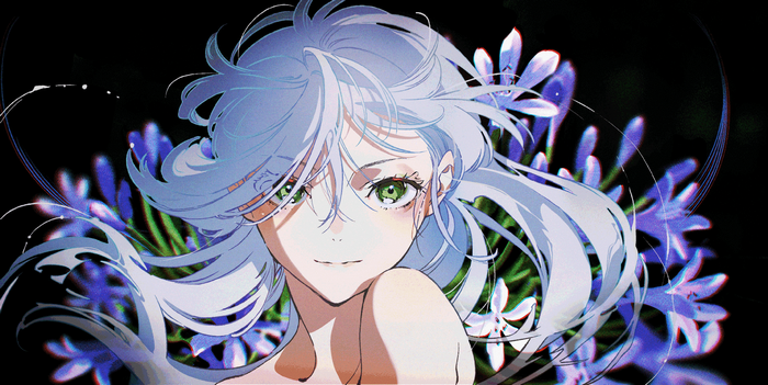 Yoneyama Mai anime girl with blue hair and flowers