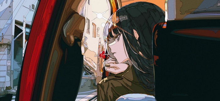Girl in car interior with lollipop